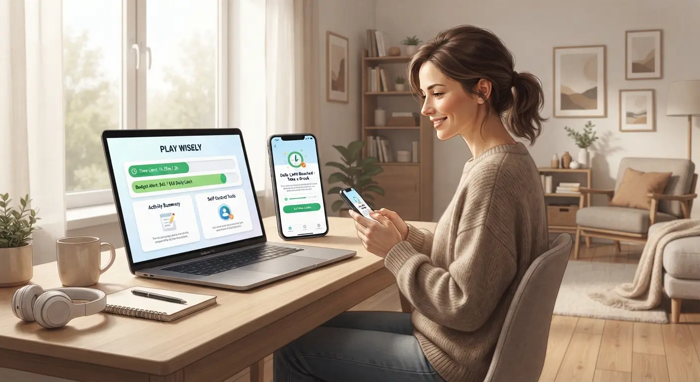 Adult user making balanced online gaming decisions at home