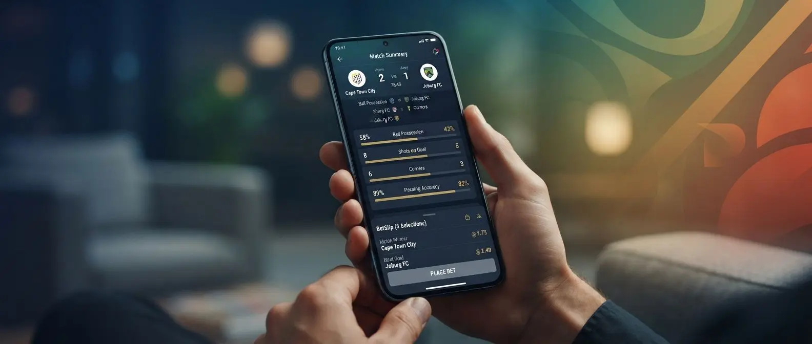 Smartphone showing a mobile sports app interface with South African-inspired background accents