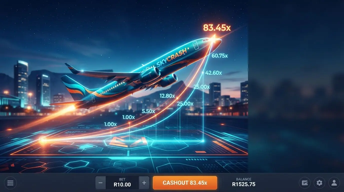 Airplane rising over a stylized multiplier game interface