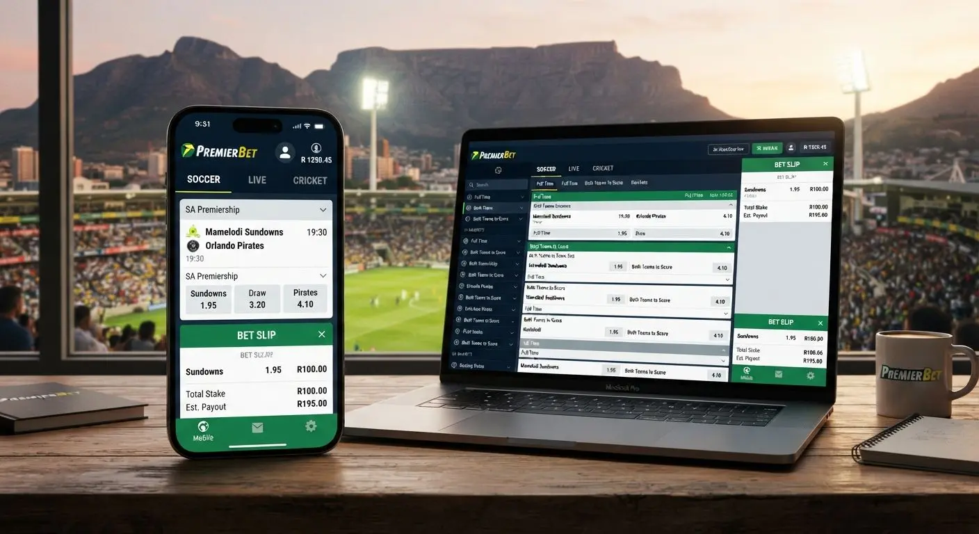 Mobile sports betting interface with bet slip and match selection