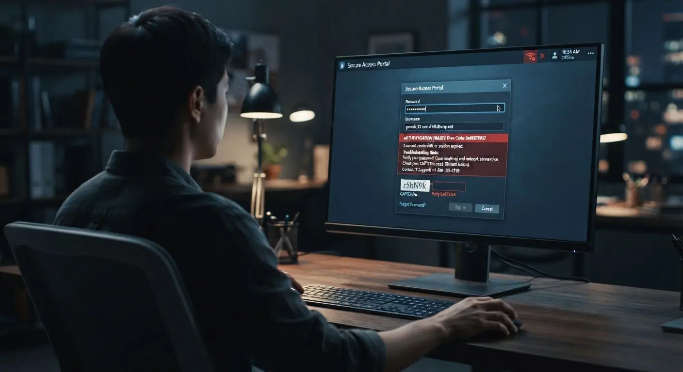 Login troubleshooting screen with password errors and account checks