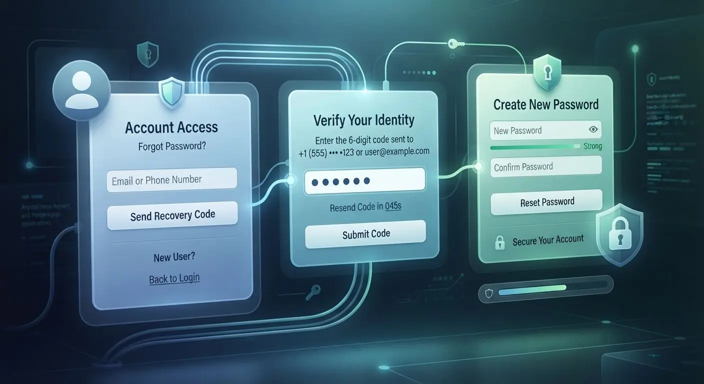 Password reset process with form, code message and new password screen
