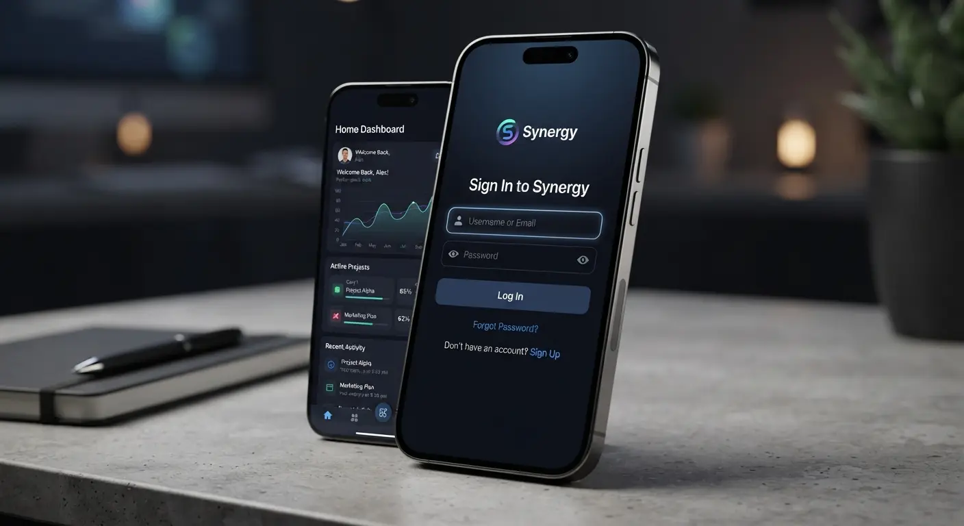 Smartphone with mobile app login screen and dashboard preview
