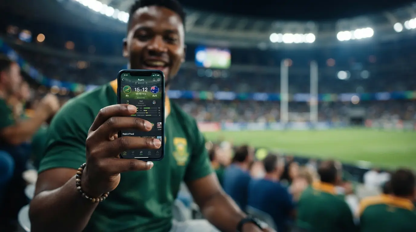 Person holding smartphone with mobile sports interface and stadium background