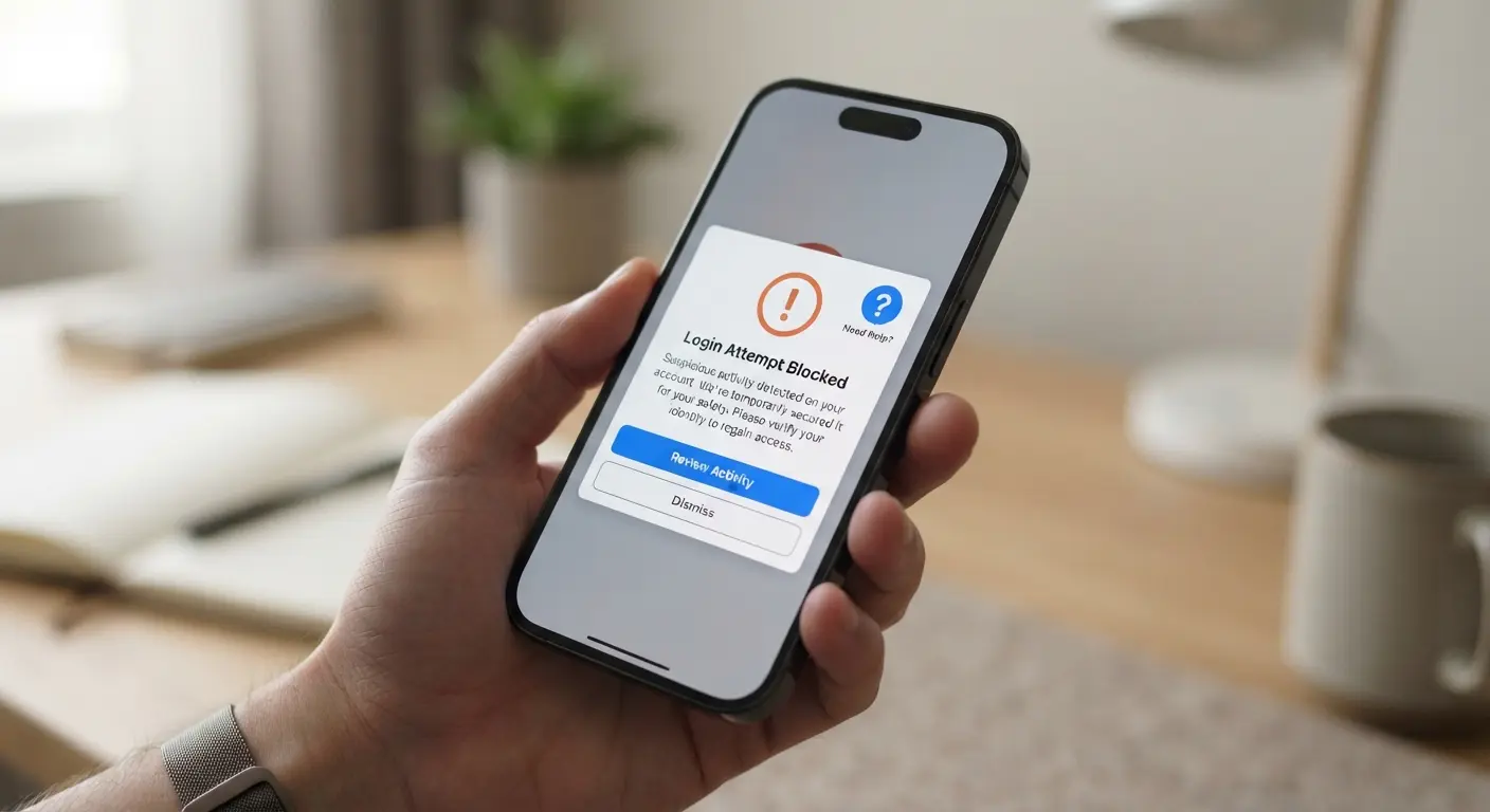 Smartphone with login warning and support icon