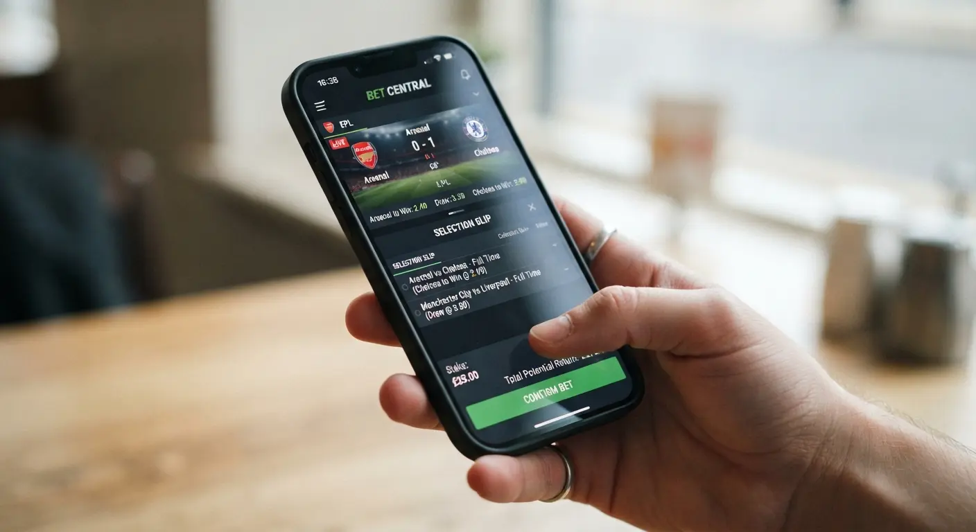 Hand holding smartphone with mobile sports site interface