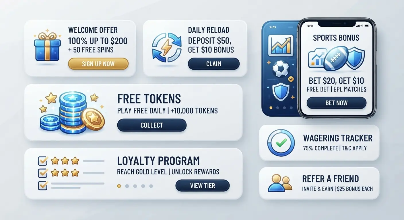 Different types of betting and casino bonuses shown as icons and promo cards