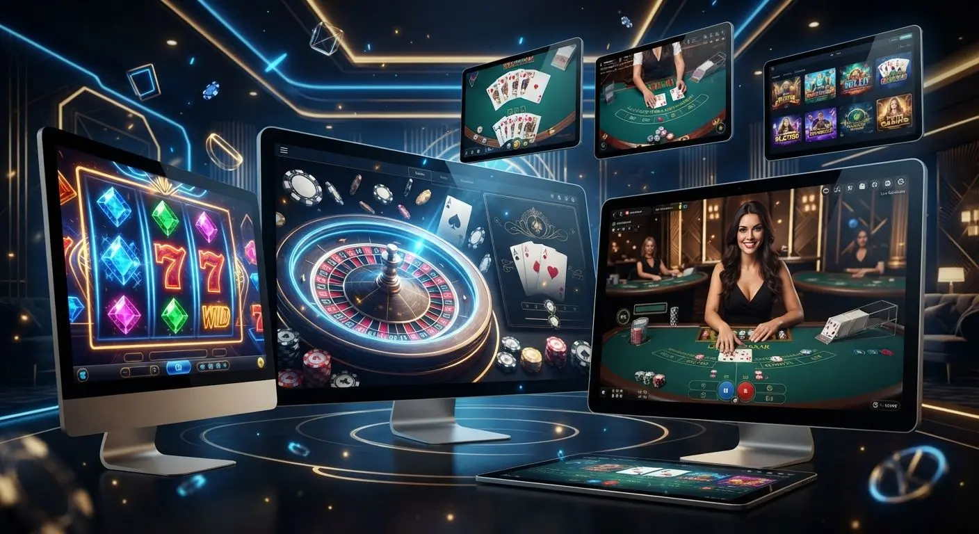 Digital gaming collage with slots, roulette, cards and live table visuals