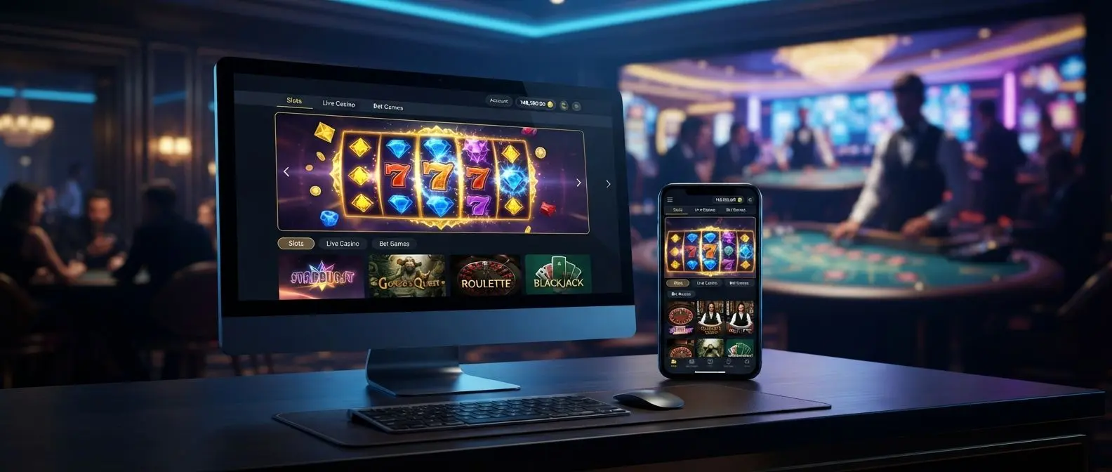 Desktop and mobile screens showing a digital gaming lobby with slot visuals and a live table scene
