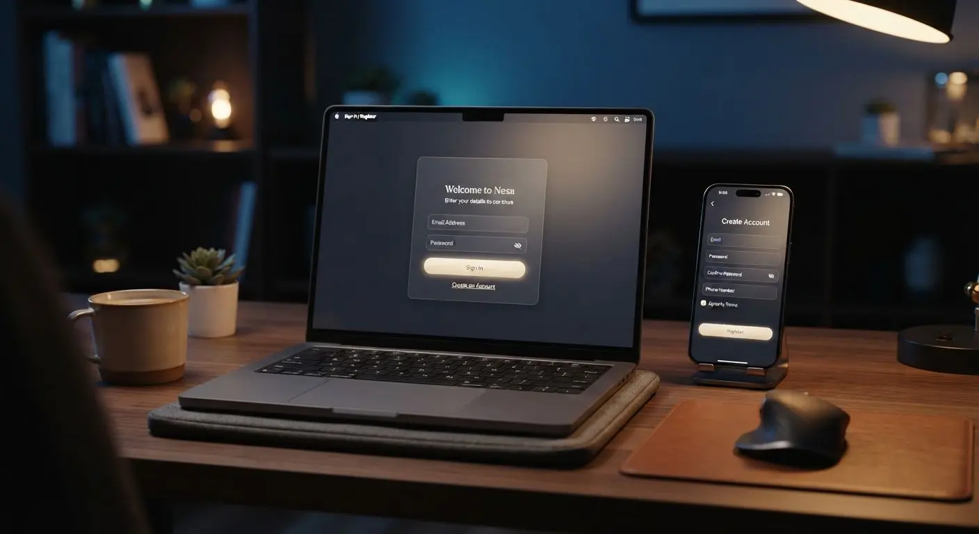 Laptop and smartphone with account registration and login interface