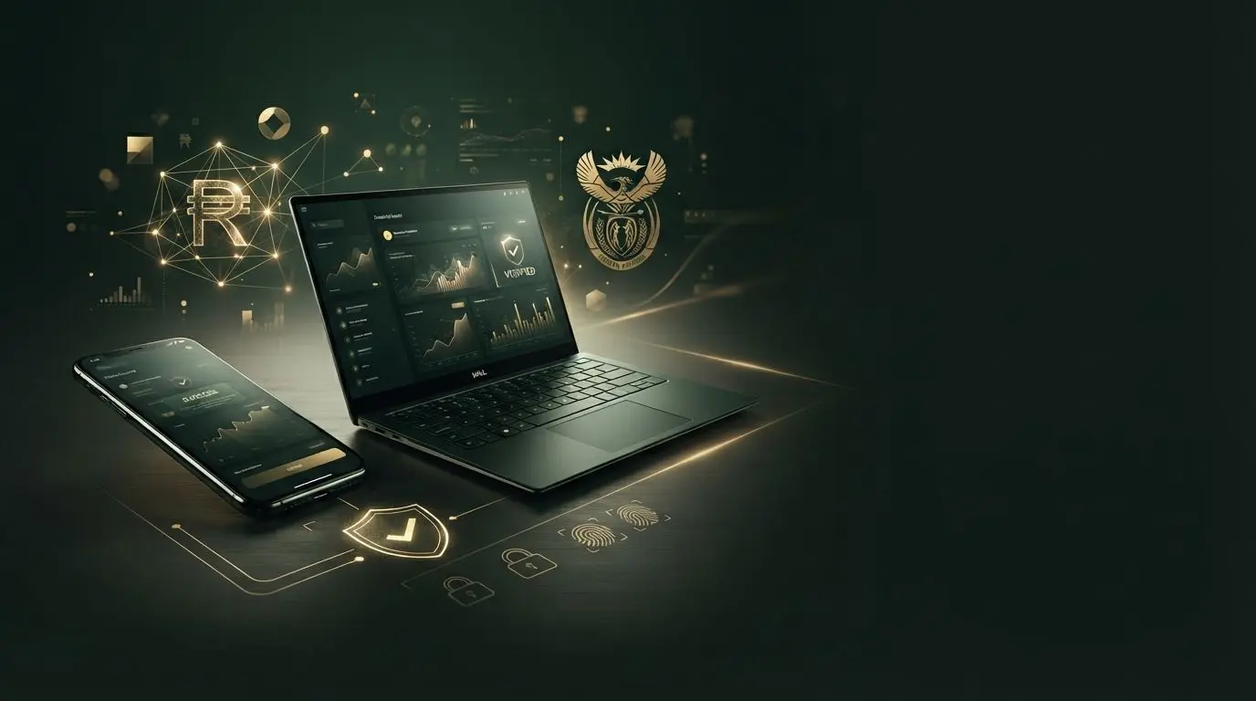 South African digital payout themed banner with secure account and rand motifs