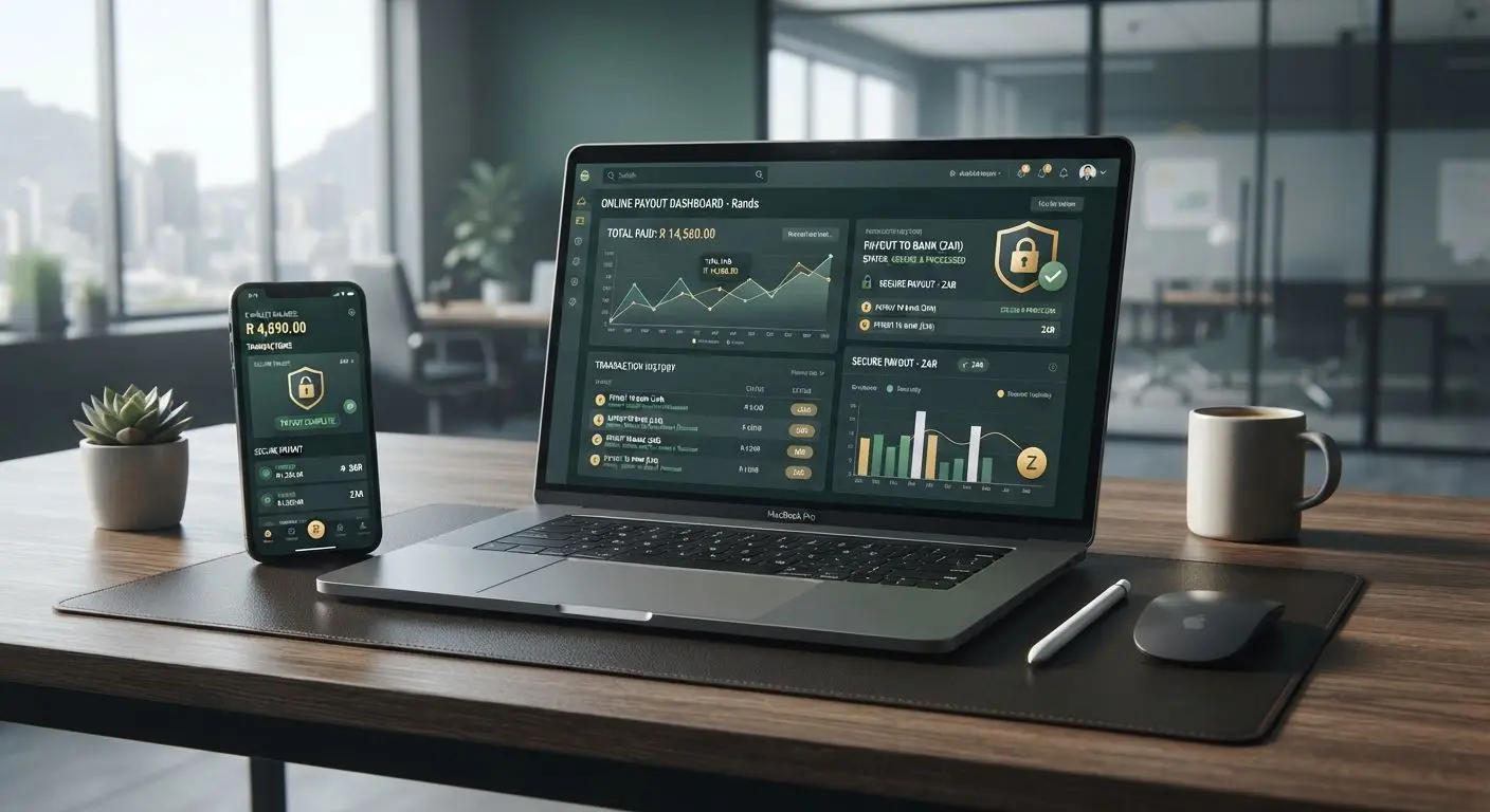 Online payout concept for South African users on phone and laptop