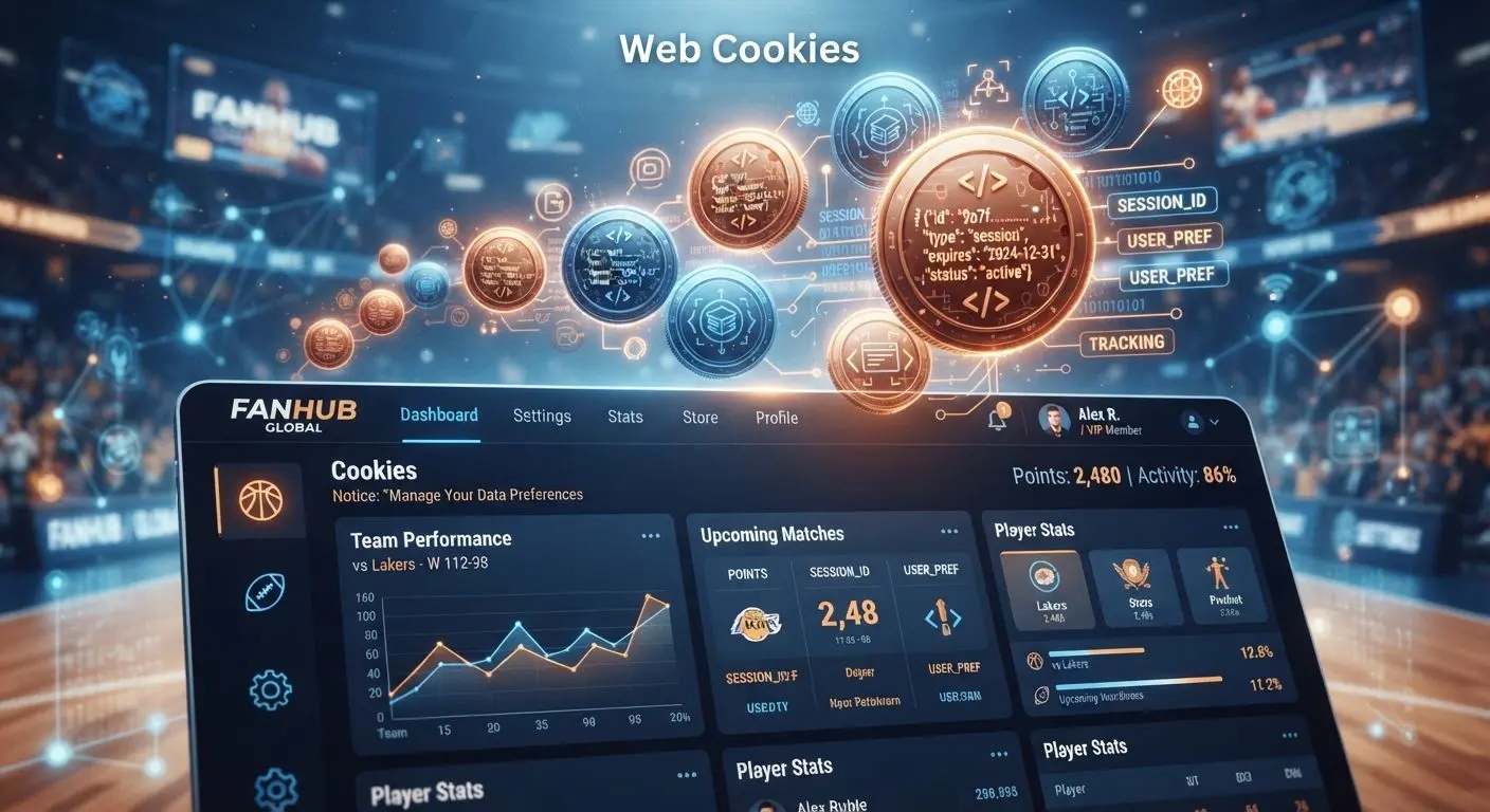 Illustration of digital cookies on a website interface with sports-themed elements