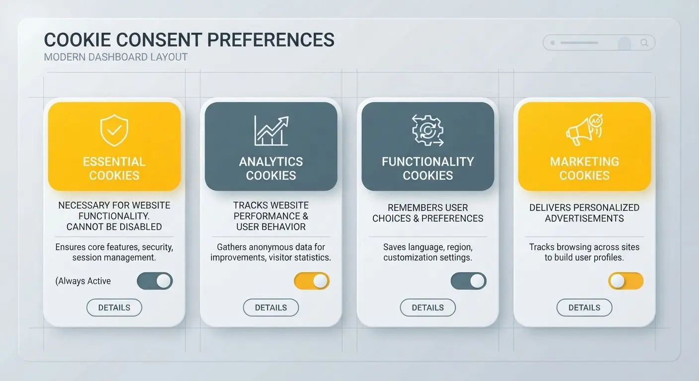 Diagram showing essential, analytics, functionality and marketing cookie categories