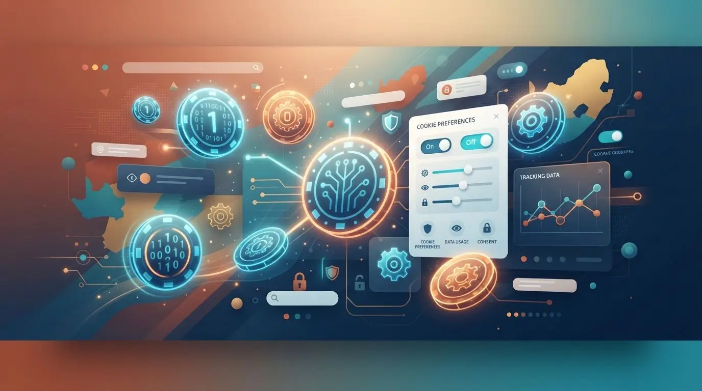 Playful digital cookie icons with privacy settings and platform-themed interface elements