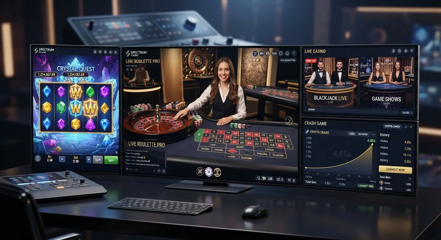 Collage of slots, roulette, live tables and crash-style games