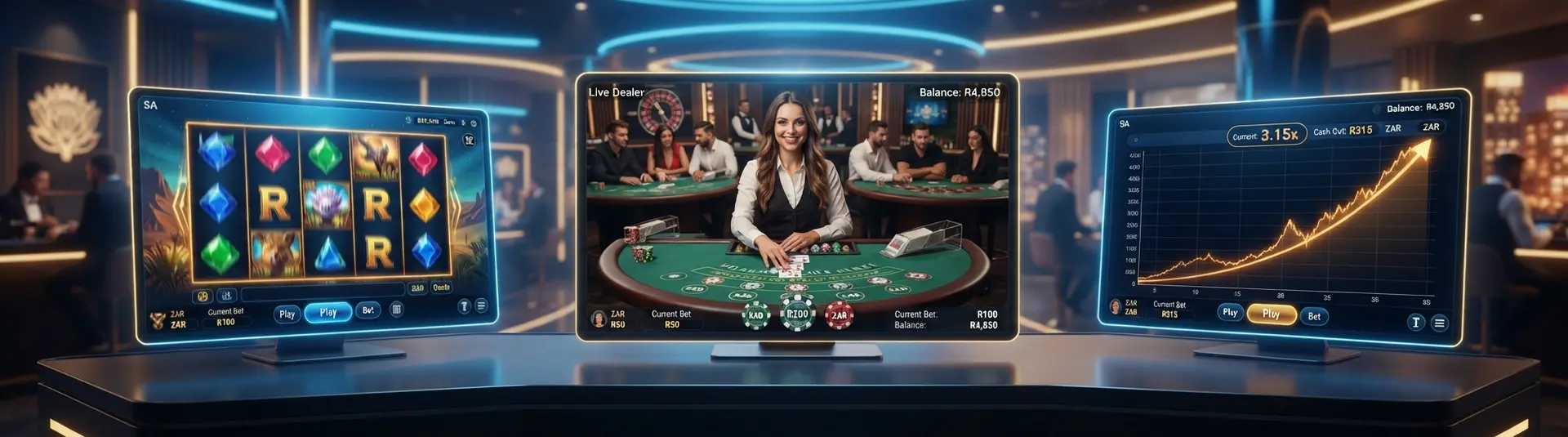 BetXchange games banner with slots, live tables and crash-style game visuals for South African players
