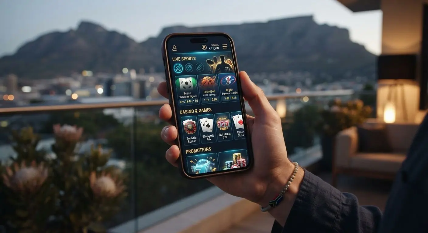 Smartphone showing a generic mobile sports and games interface for South African users