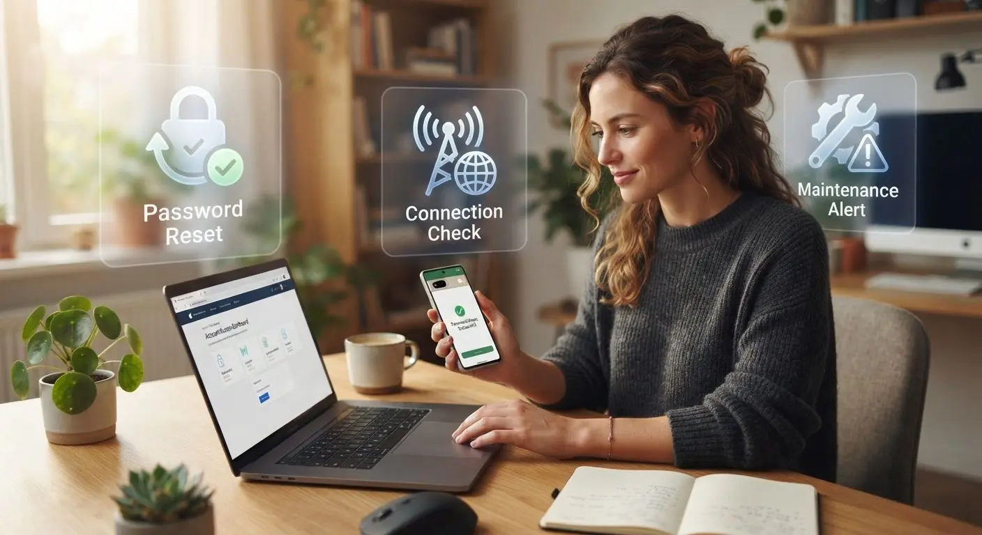 Account access help scene with phone laptop and support icons