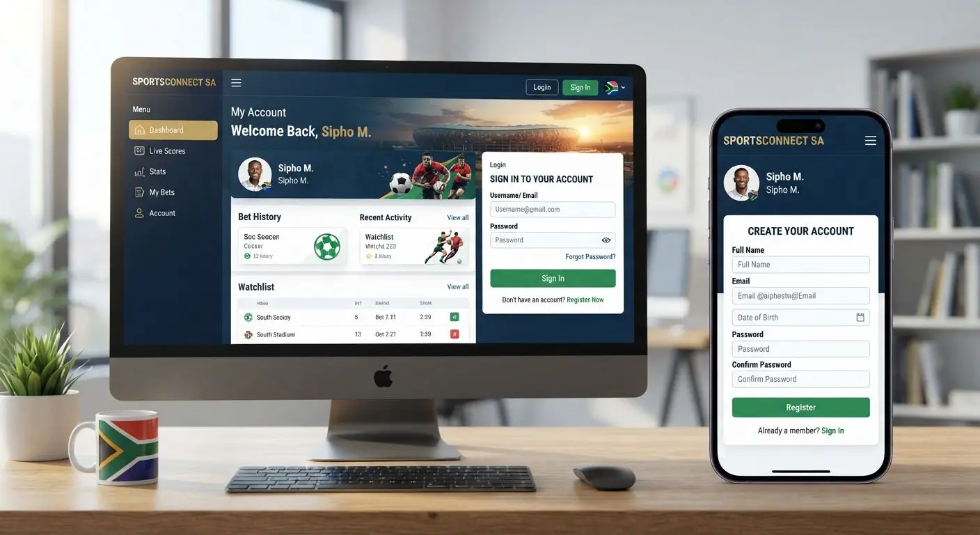Desktop and mobile login and registration interface view