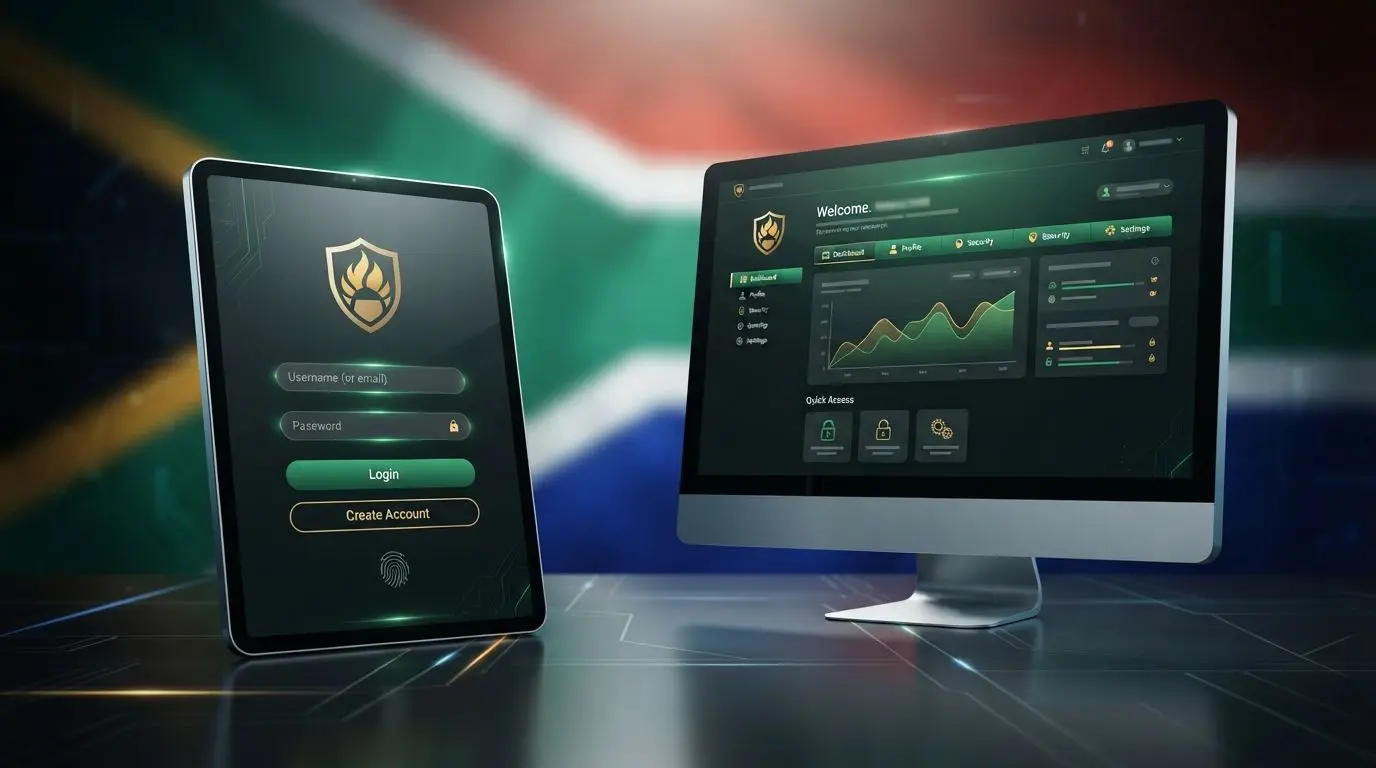 South Africa themed account access banner with desktop and mobile interface