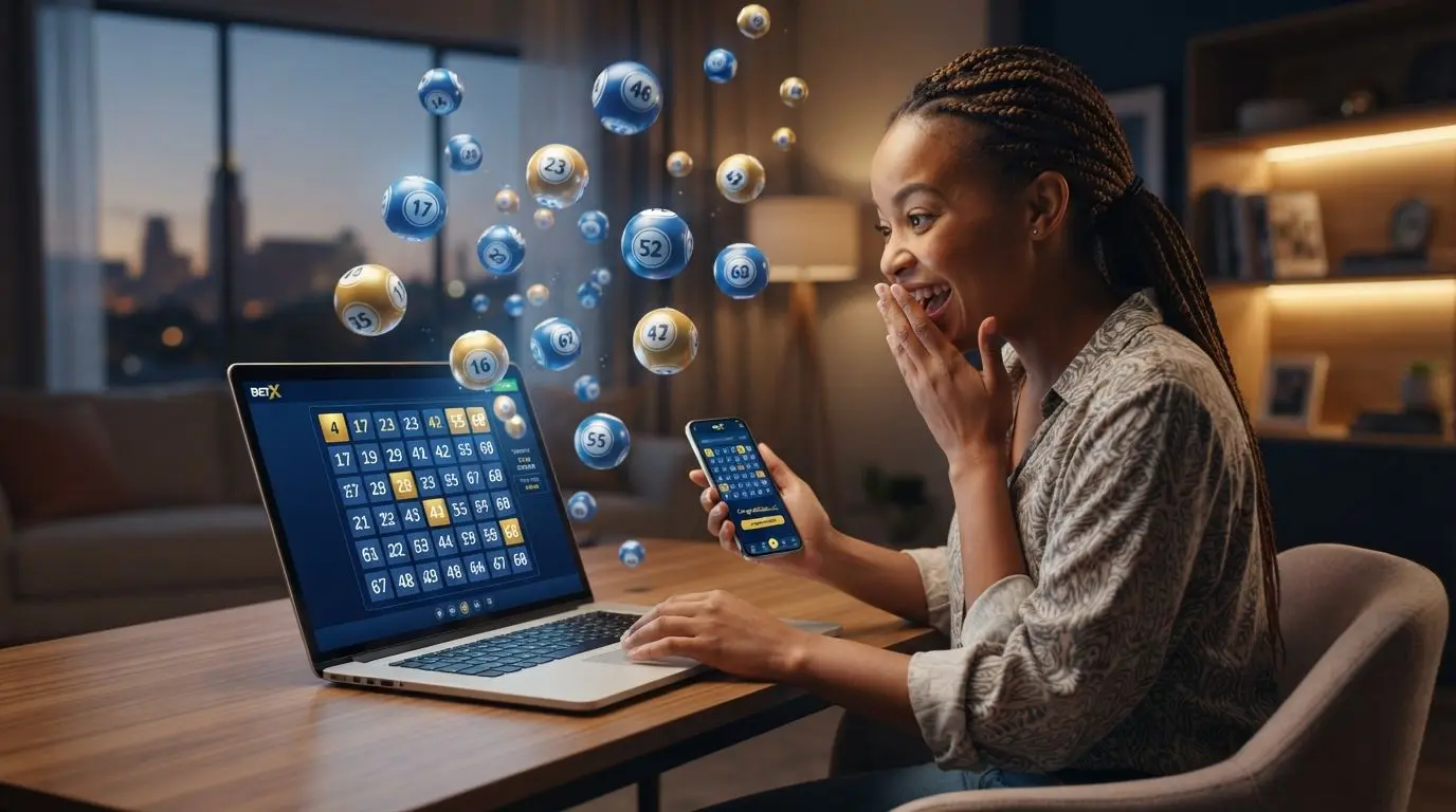 South African player using a device to enjoy online keno with number balls and game grid