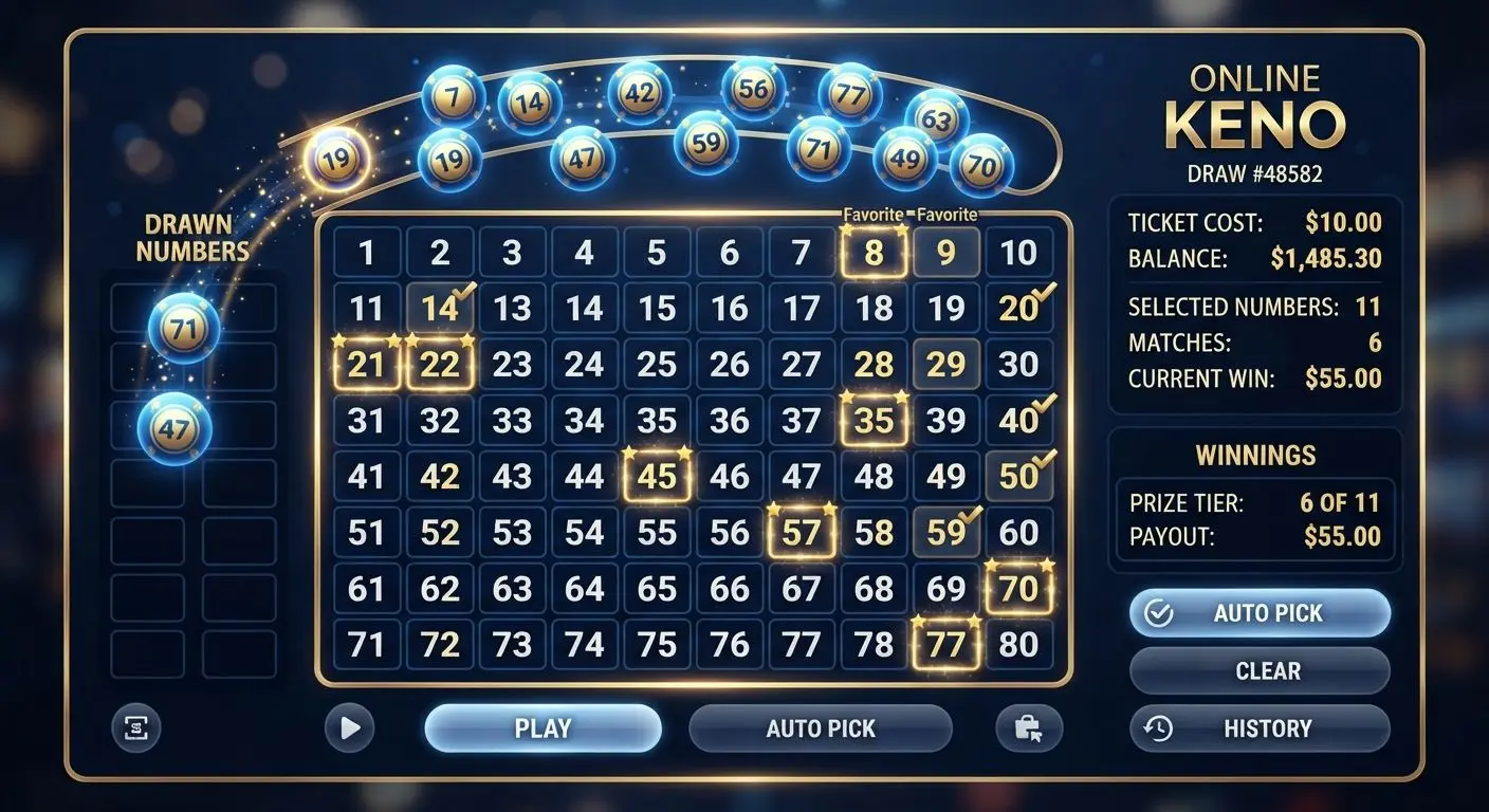 Online keno ticket with highlighted numbers and drawn balls