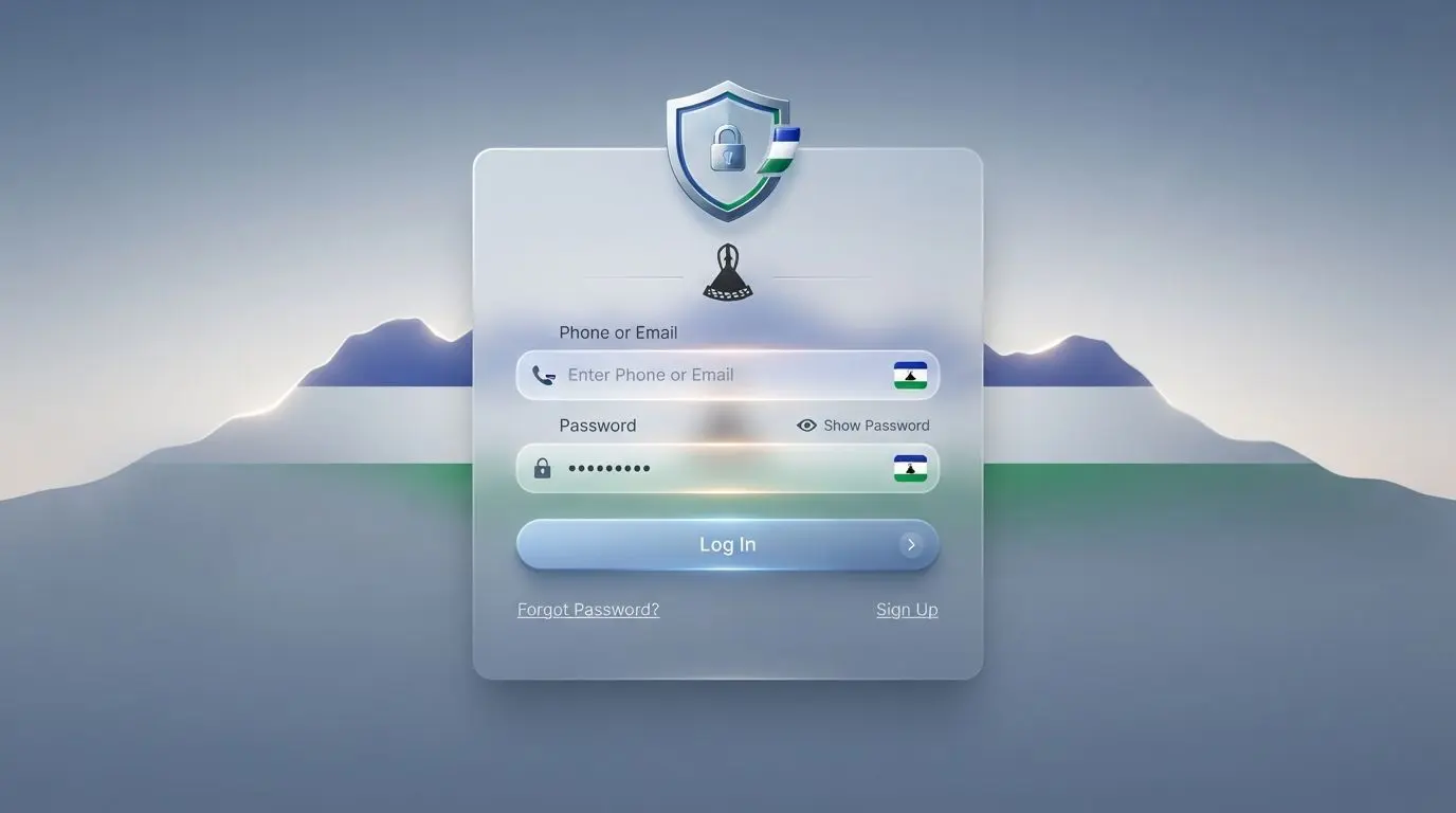 Secure login themed banner with Lesotho-inspired design and account access interface