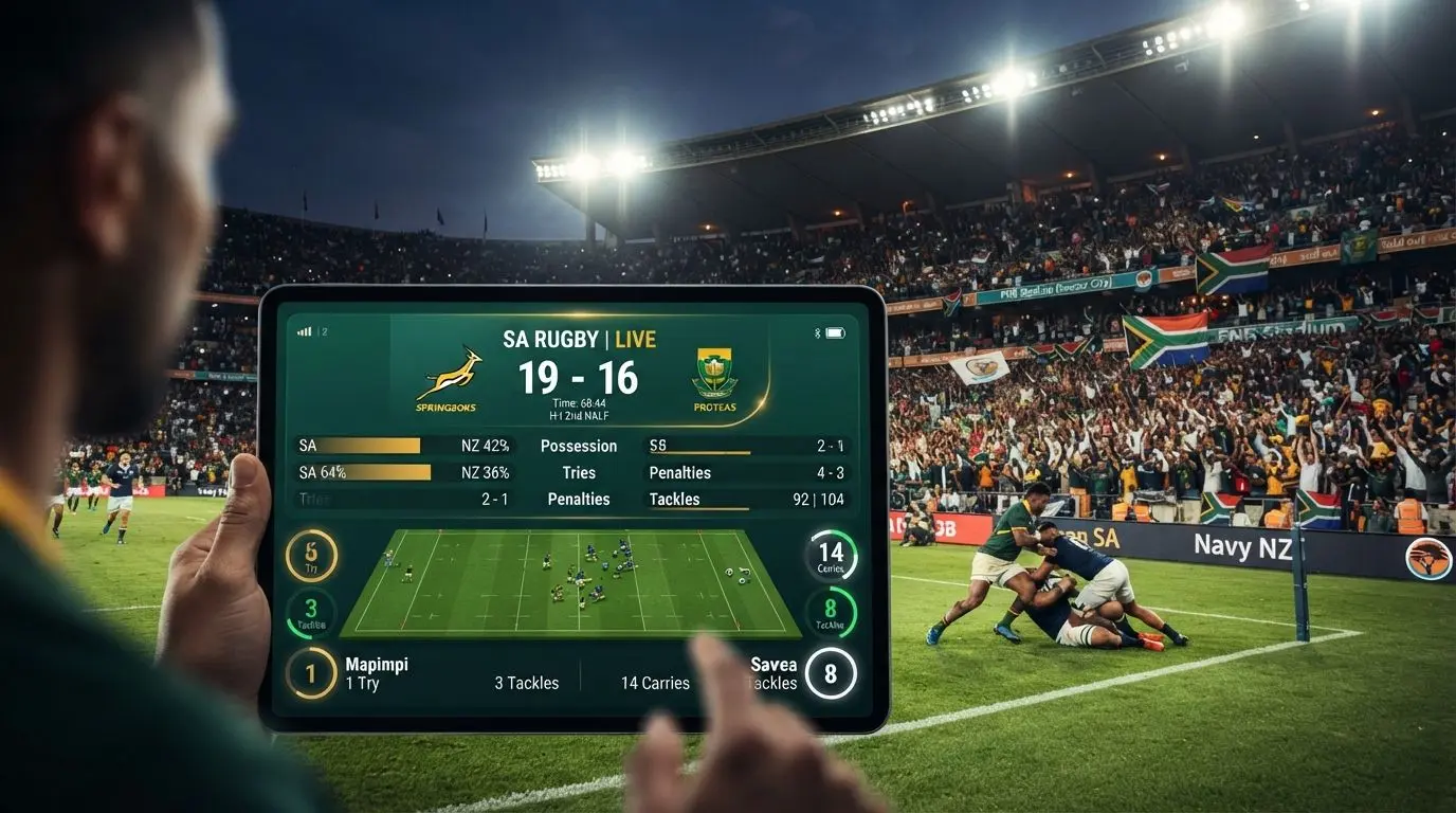 Live match interface with real-time sports data during a football or rugby game