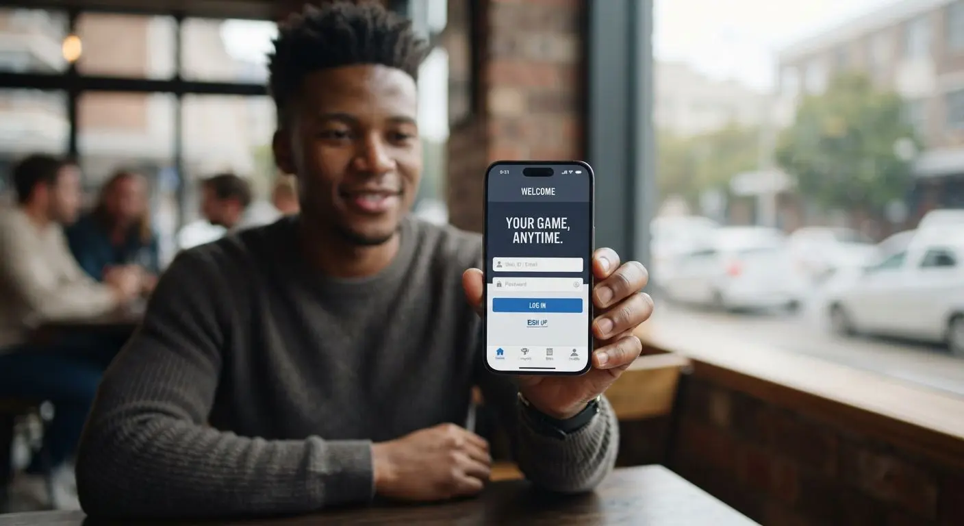 User holding a smartphone with a mobile account access screen