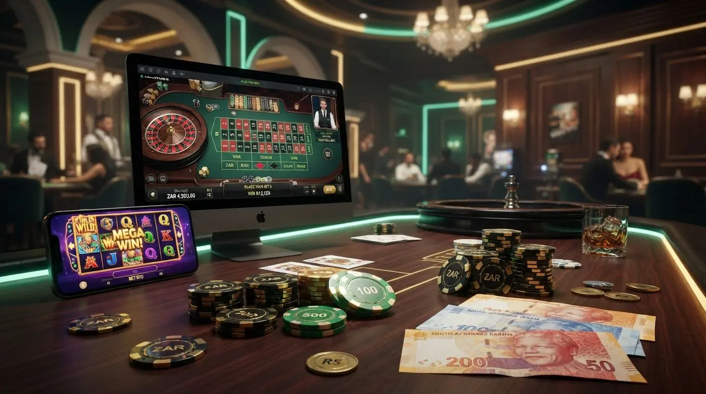 South Africa themed real money gaming banner with ZAR accents and gaming symbols