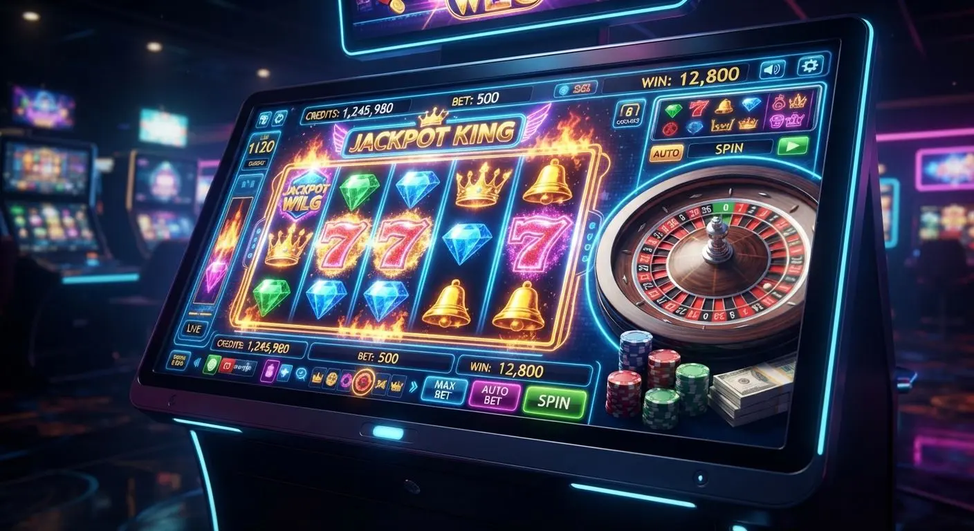Online gaming scene with slots, roulette and chips