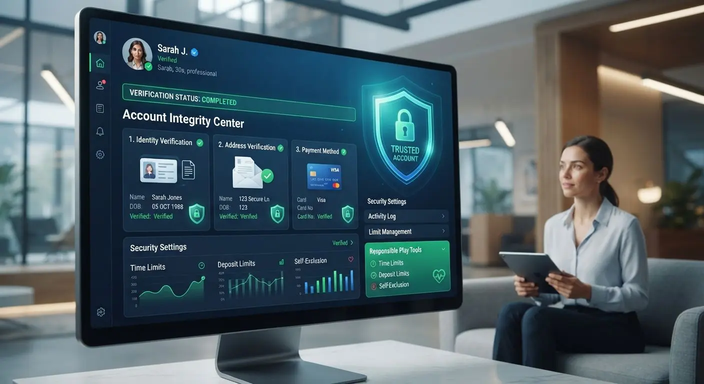 Account verification and secure play concept with documents and shield