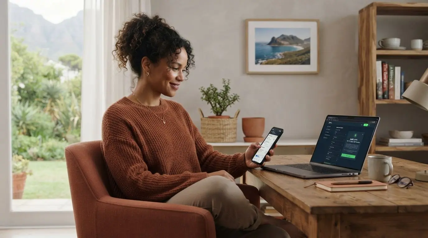 Adult user reviewing account controls in a calm South African home setting