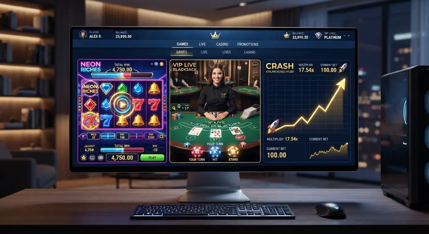 Casino and slots style visual with live table and crash game concept