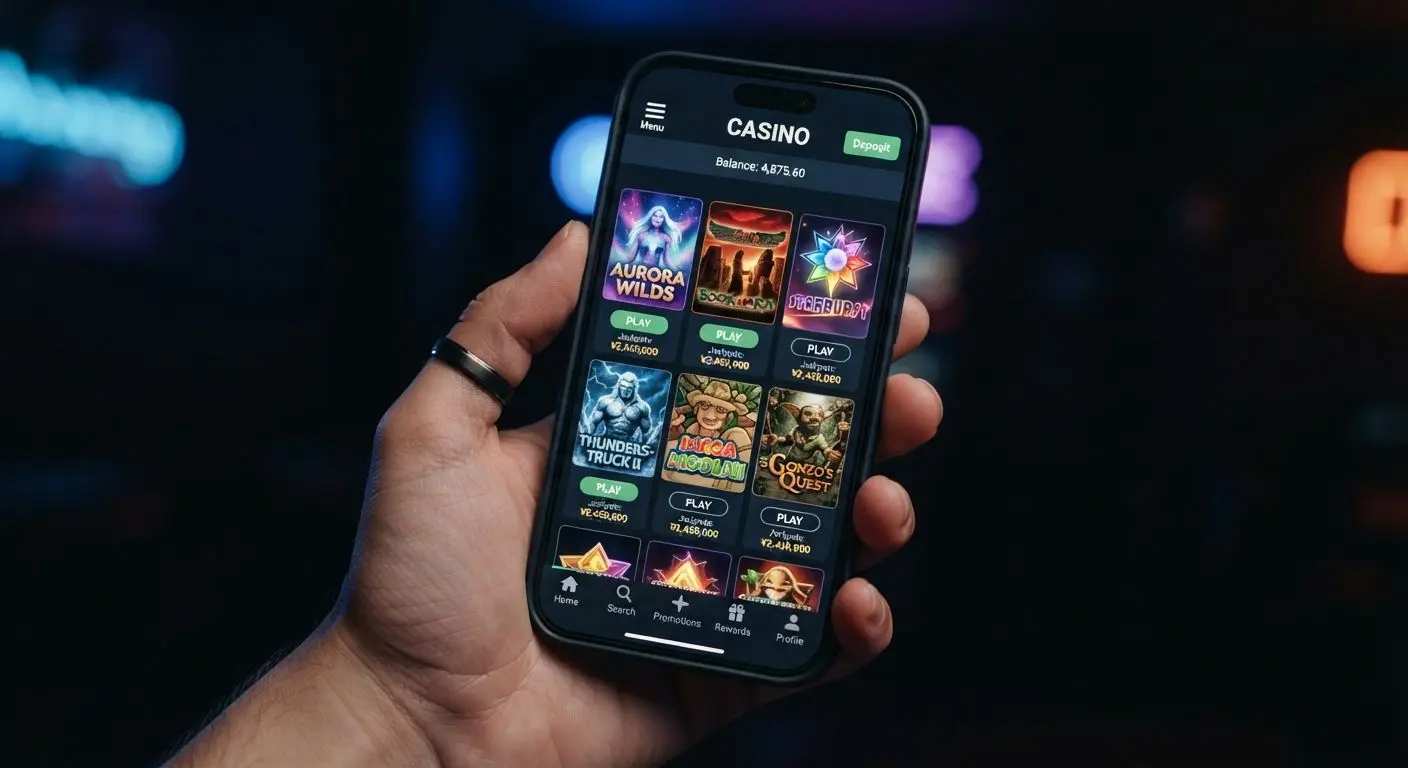Phone showing a mobile slots lobby