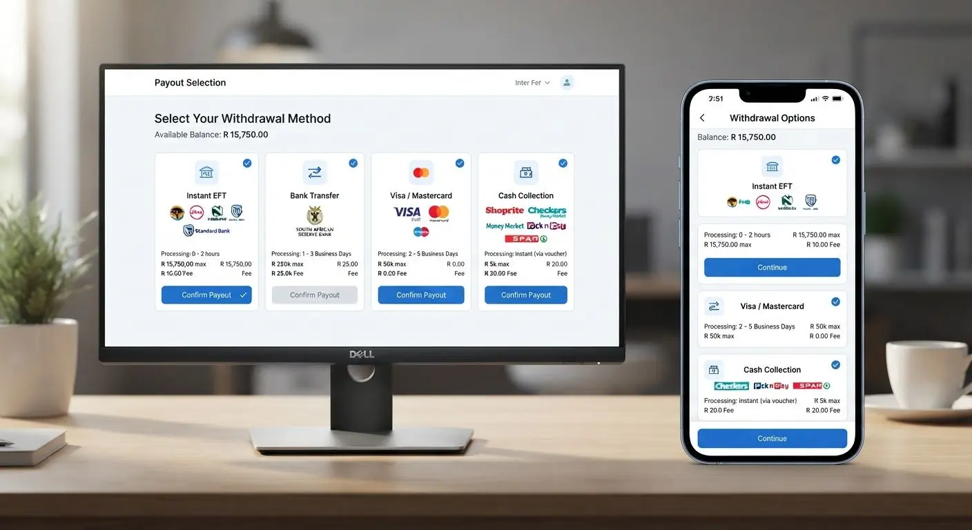 User selecting a withdrawal method with processing times